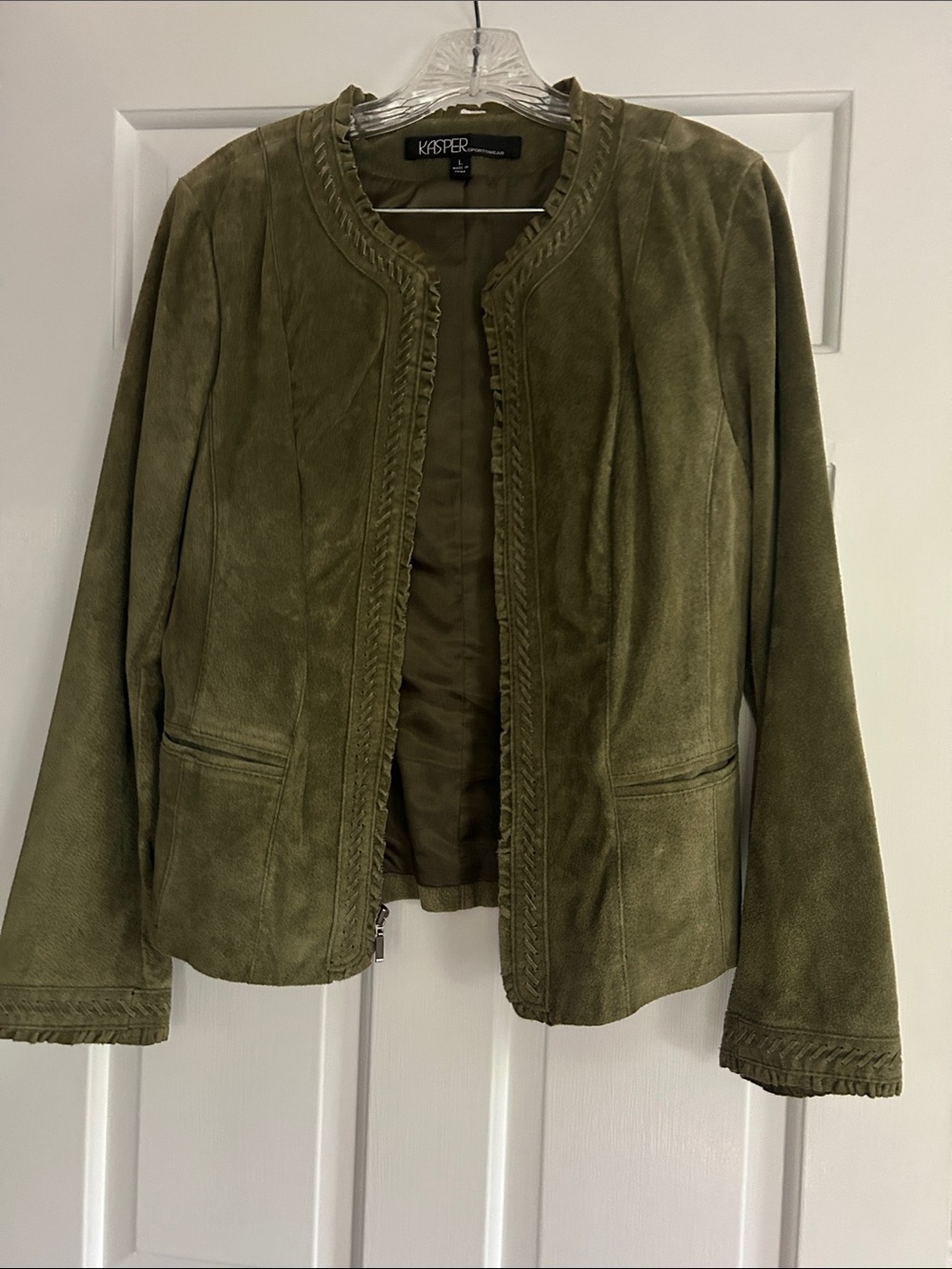 Kasper Olive Suede Collarless Braided-Trim Jacket